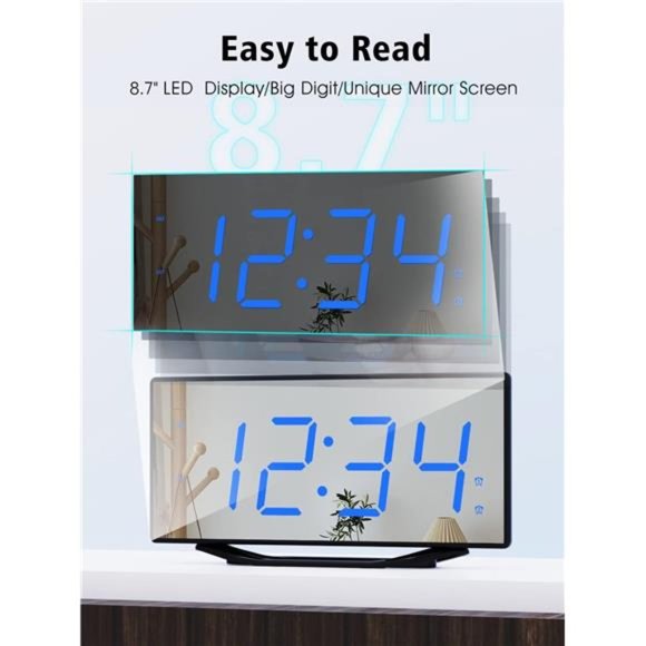 Alarm Clock Bedroom,8.7"Big Display Digital LED Mirror Clock with 2 Alarms - Picture 4 of 6